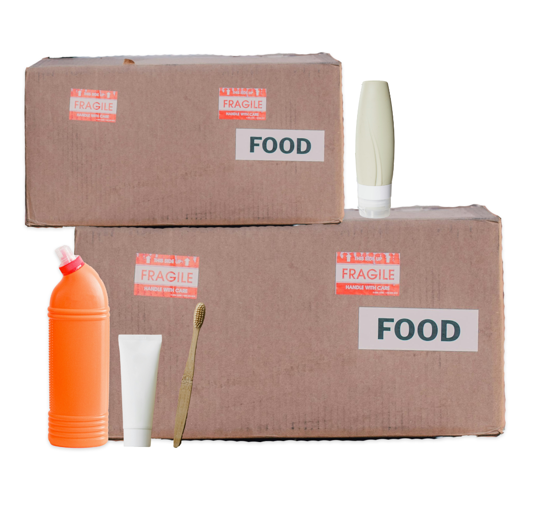 cardboard boxes with the label 'food' along with toiletries