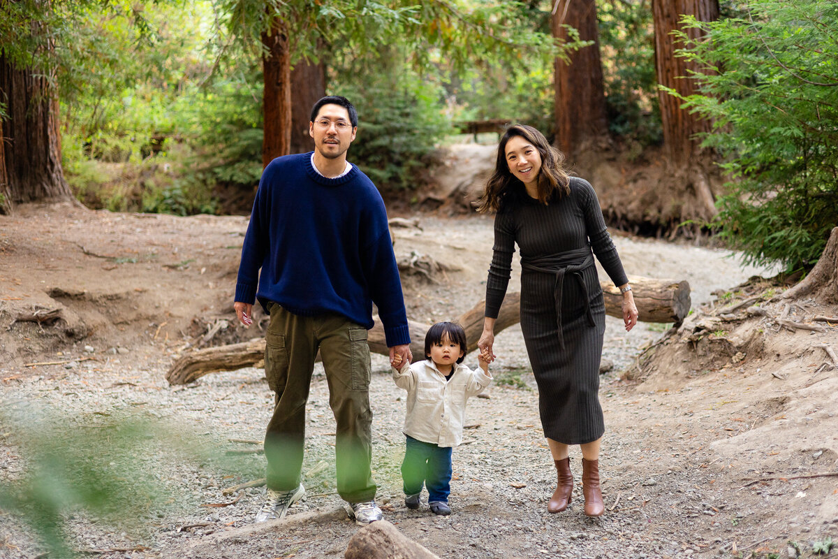 Family walking hand-in-hand on rocky forest path – Bay Area Family Portfolio | Ellobelle Photography