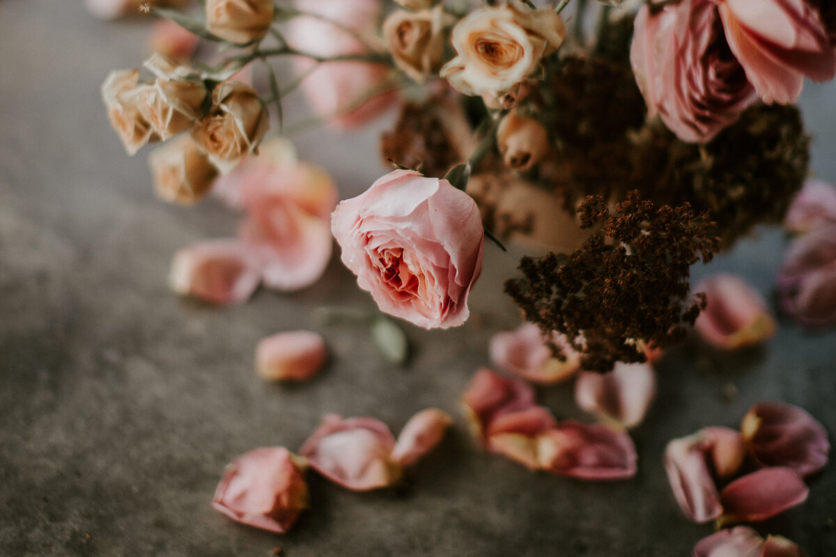 Close-up of pink flowers with dried stems on a table with petals down below.