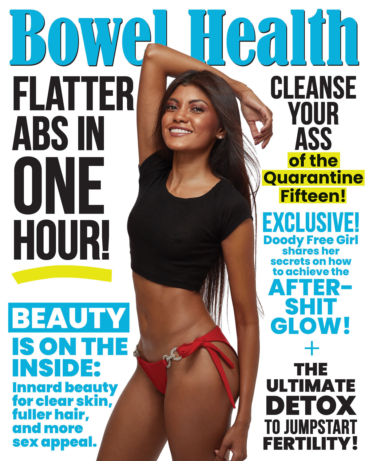 Cover image for Bowel Health magazine featuring dynamic typography and engaging visuals, shot by Ylva Erevall.