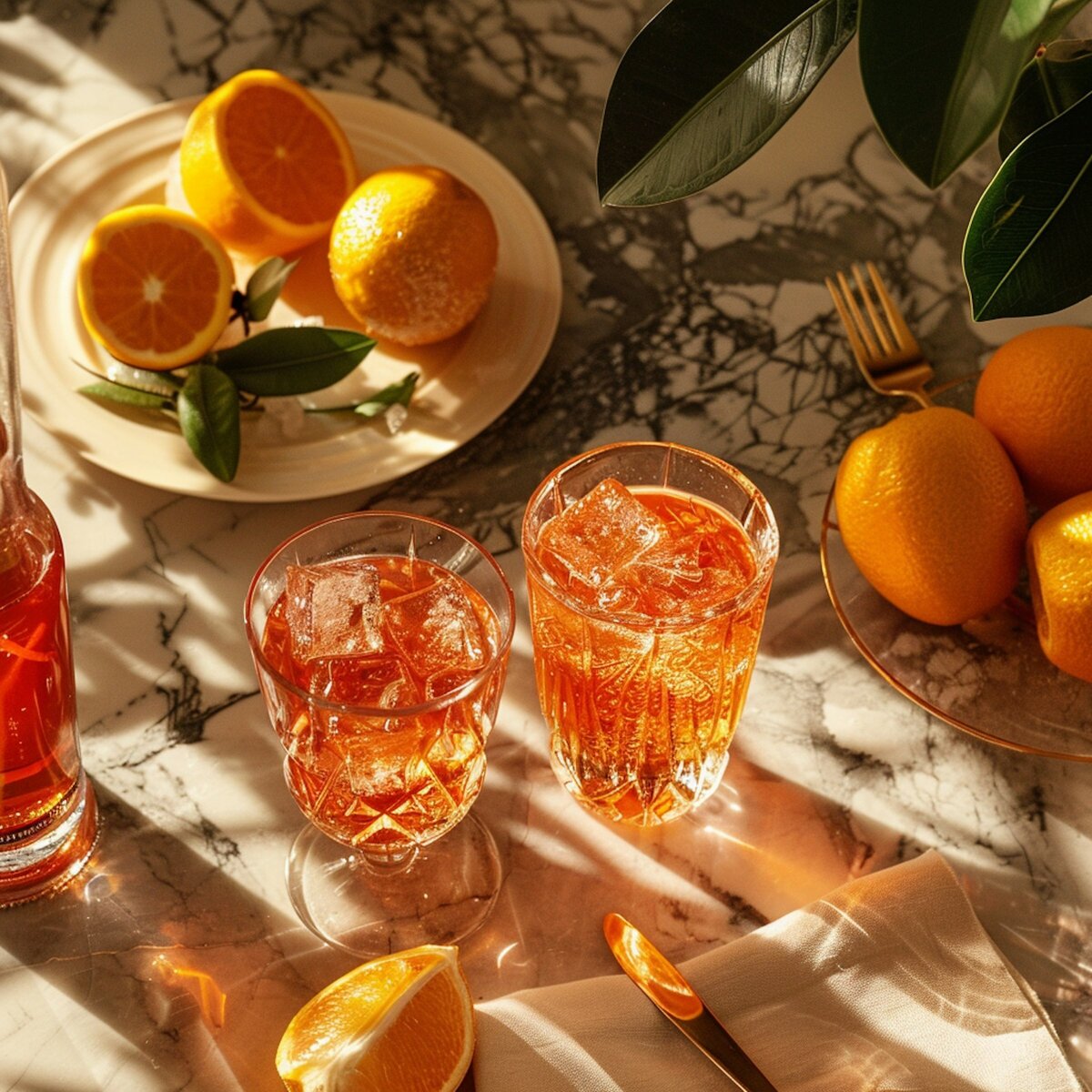 Citrus Themed Still Life with two glasses and cut oranges on a plate