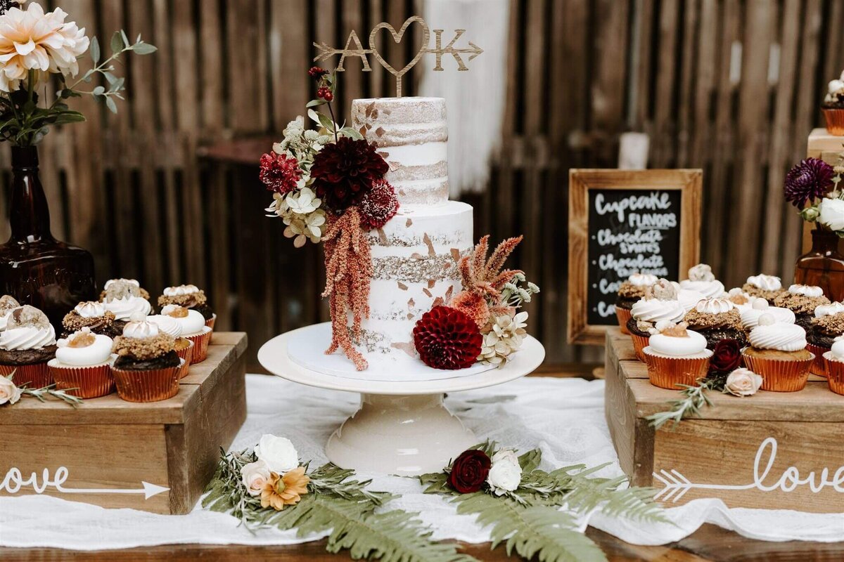 Wedding reception dessert table with floral arrangements and flowers on the wedding cake.