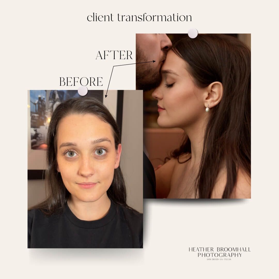 collage of a before and after headshot session before makeup and polished headshot