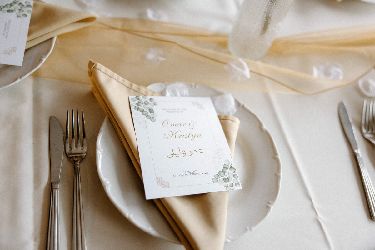 Close-up of tableware and invitation at the reception of a wedding ceremony