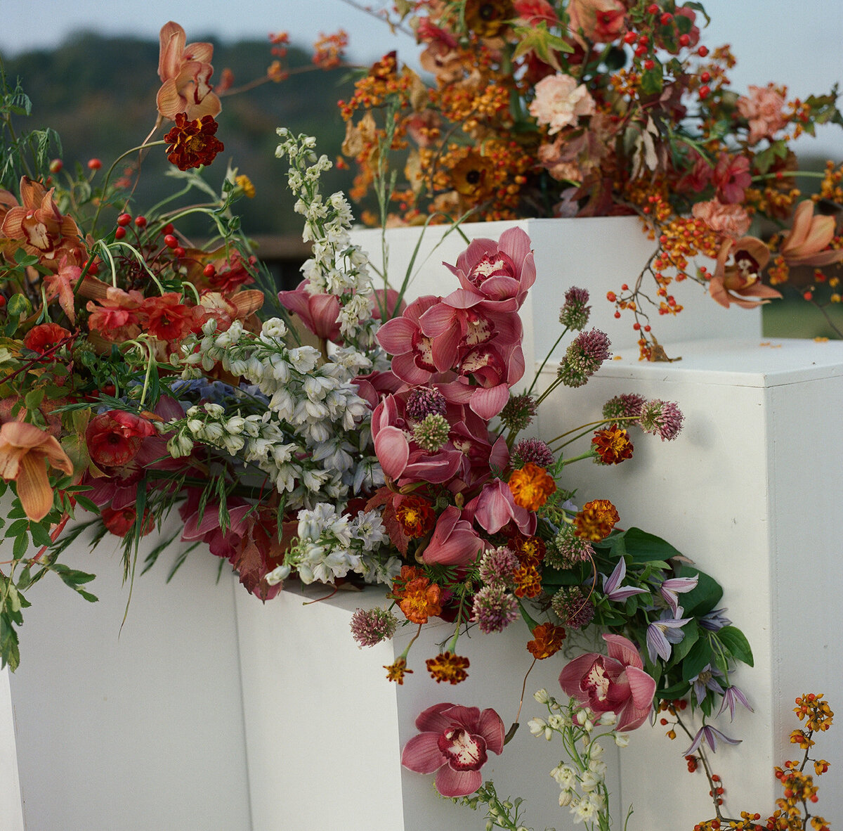 Sculptural columns wedding ceremony backdrop. Stair step white ceremony columns adorned with sculptural floral meadows in fall hues. Clear top tent build out for fall wedding reception in Tennessee hills. Wire threaded orchids, bittersweet berries, butterfly ranunculus, and tulips are highlighted in this wedding ceremony backdrop. Artistic fall color palette in copper, gold, ruby, lavender, and rust. Design by Rosemary & Finch Floral Design in Nashville, TN.