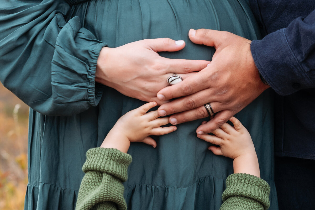 Hands on mom's pregnant belly from mom, dad and big sister.