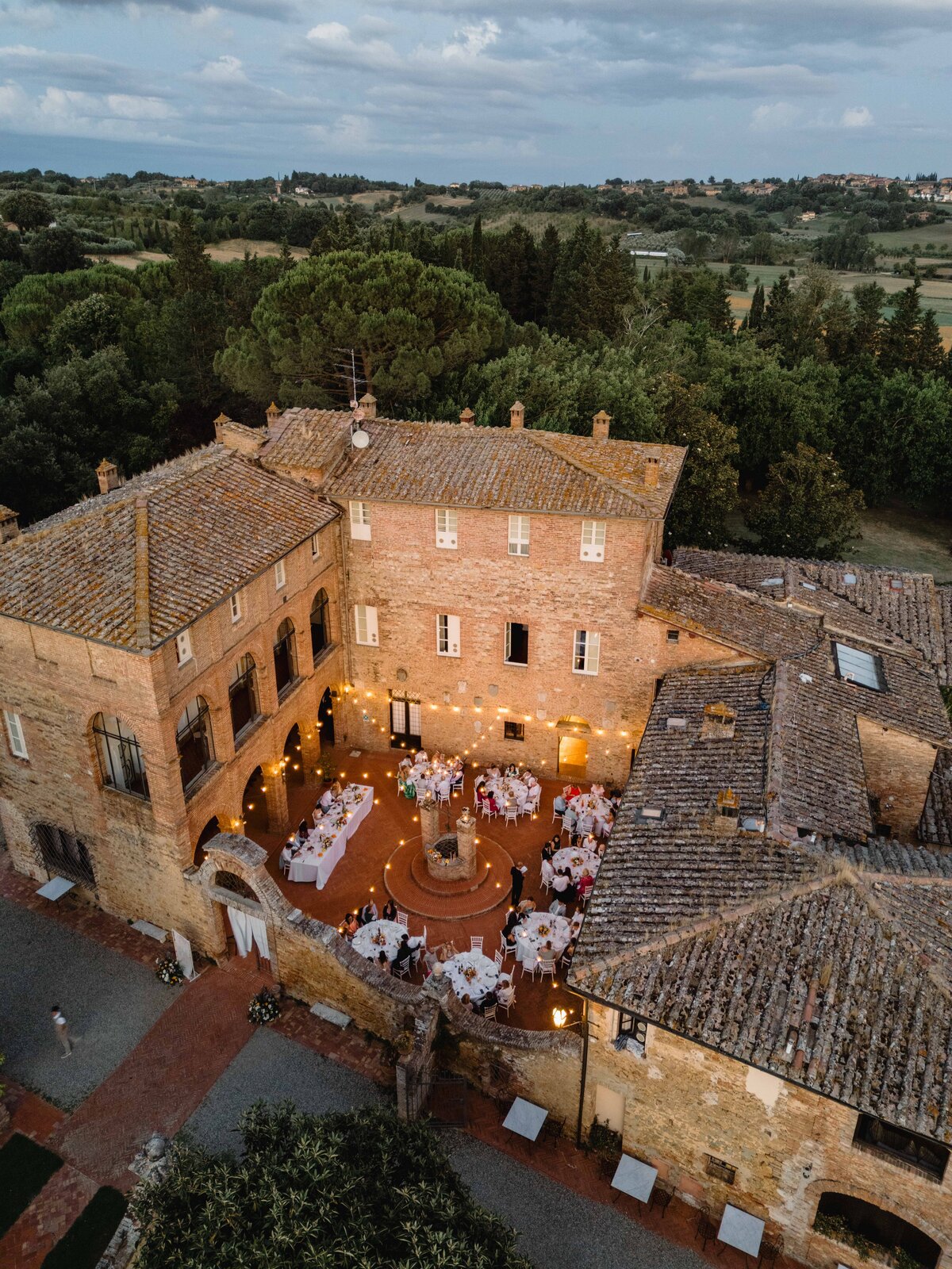 Aerial drone photography of Tuscan wedding venue