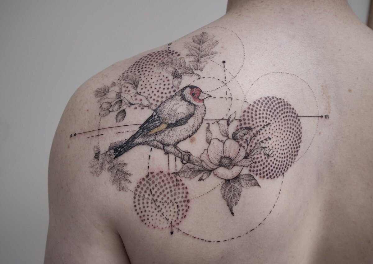 robin tattoo, pattern tattoo, fine line tattoo