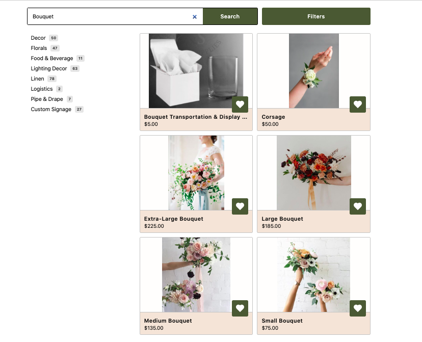 A screenshot of the Frid Events  catalogue for florals and rentals in Ottawa and Prince Edward County, showcasing bouquets available with corsages and vases.