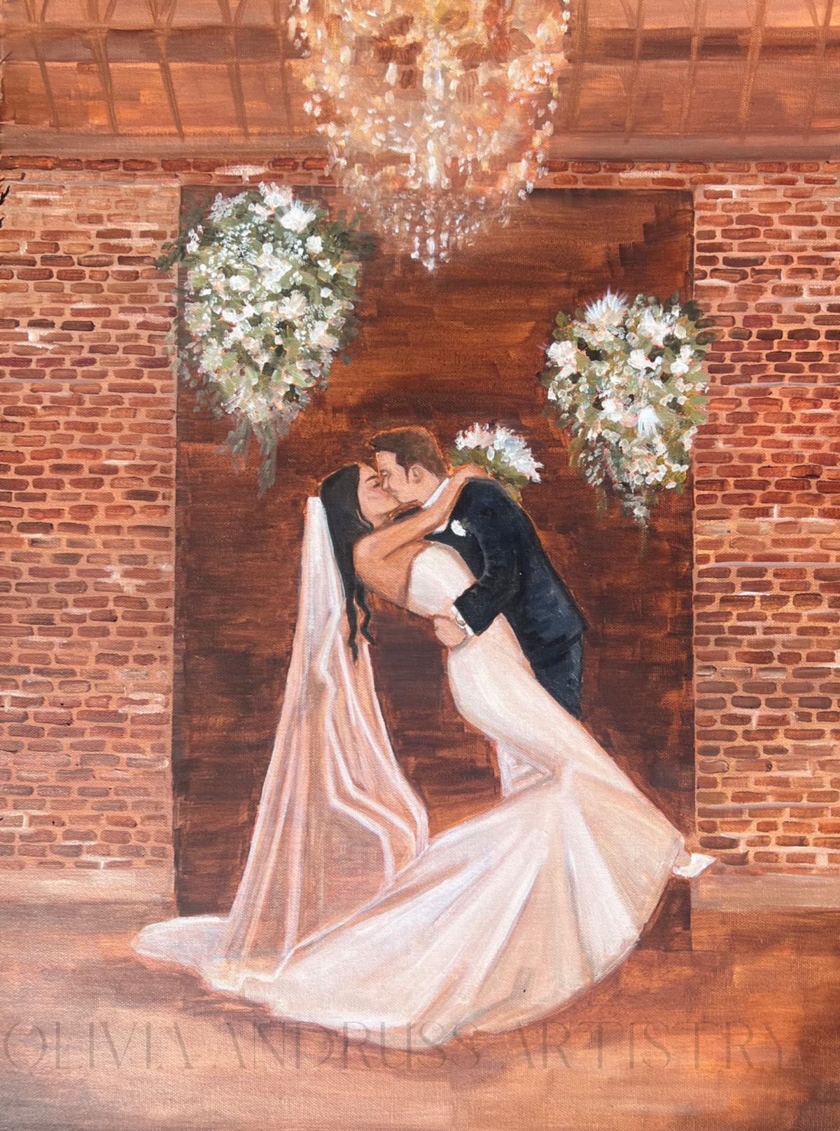 Live Wedding Painting by Olivia Andruss depicts a newly husband and wife kissing at the altar after their vows at the St. Vrain in Longmont, Colorado