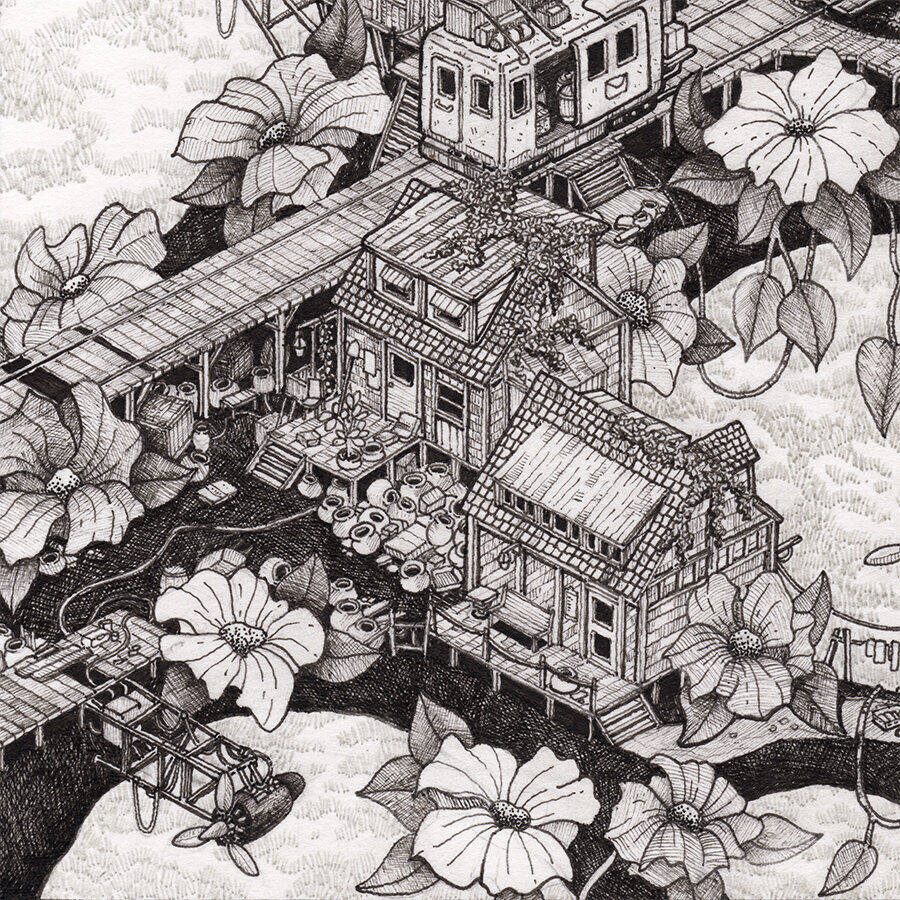 Close up view of homes near a train rail line. Pen and ink illustration. Whimsical.