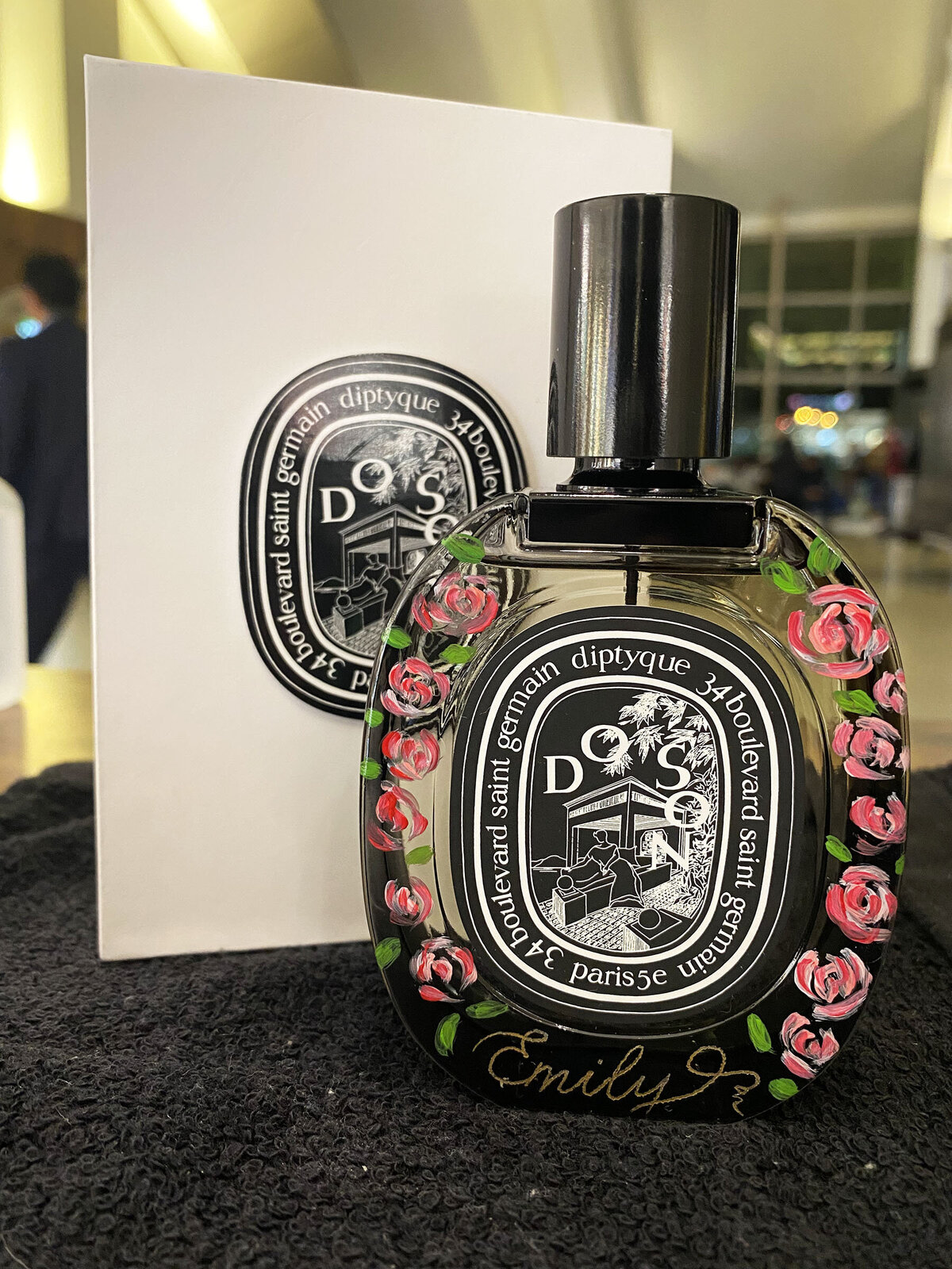 Roses Painted and Engraved Diptyque Perfume Bottle Los Angeles LAX