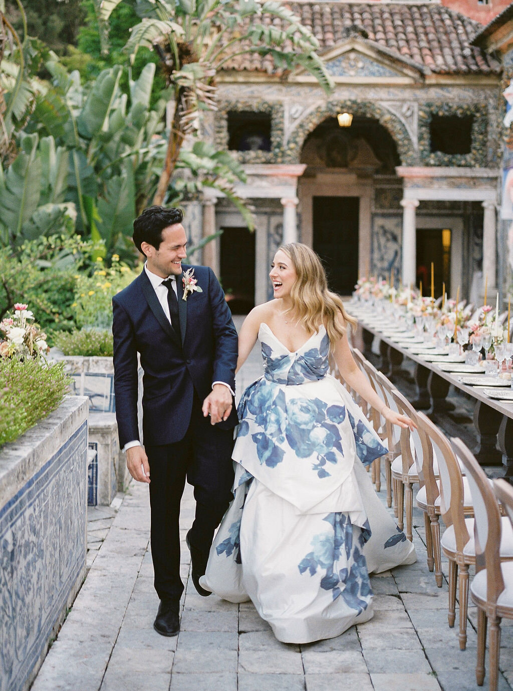 Unique Monique Lhuillier Wedding Dress with blue stamped flowers for a Portugal Destination Wedding in Palácio Marqueses da Fronteira entirely planned and designed by Sofia Nascimento Studios