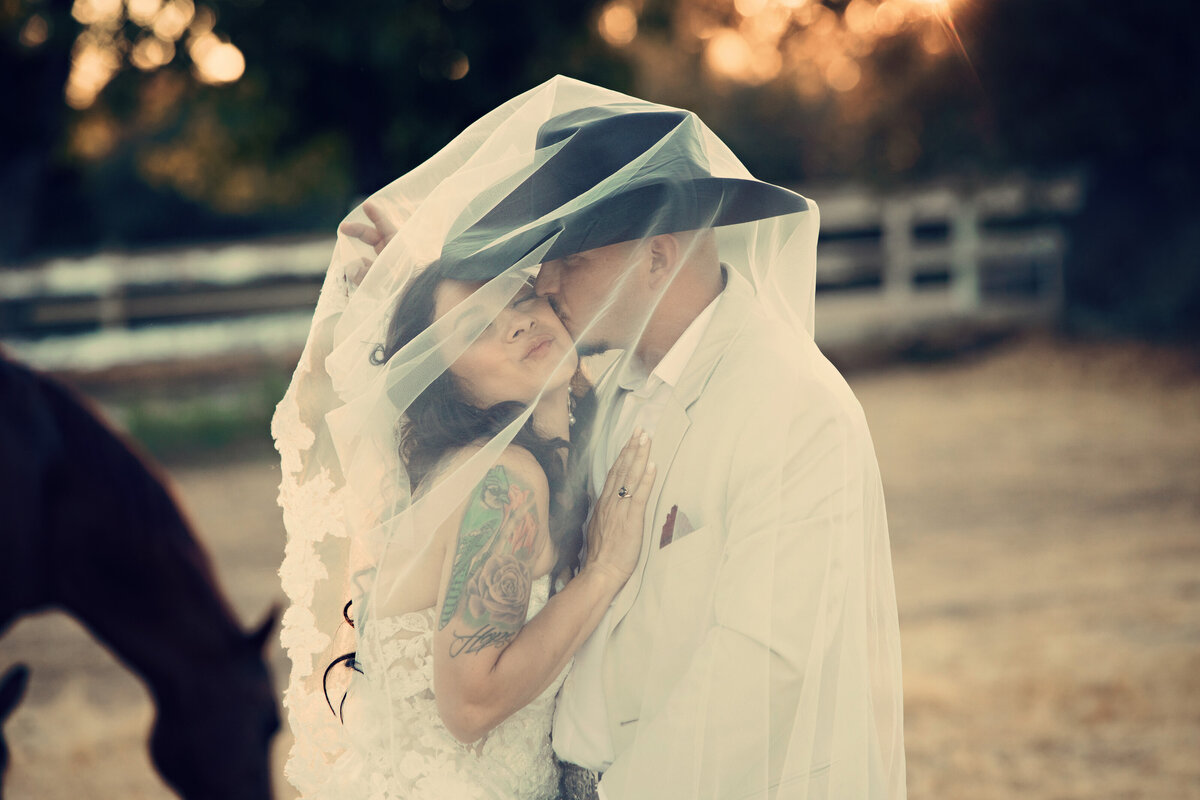 groom kissing bride under veil