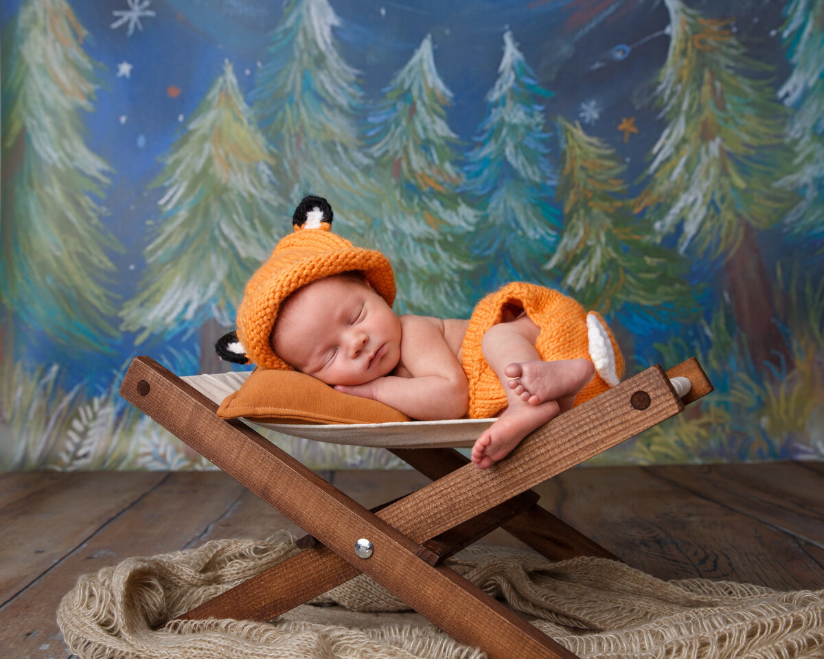 Newborn baby dressed as a woodland creature laying on a little cot on a painted forest background