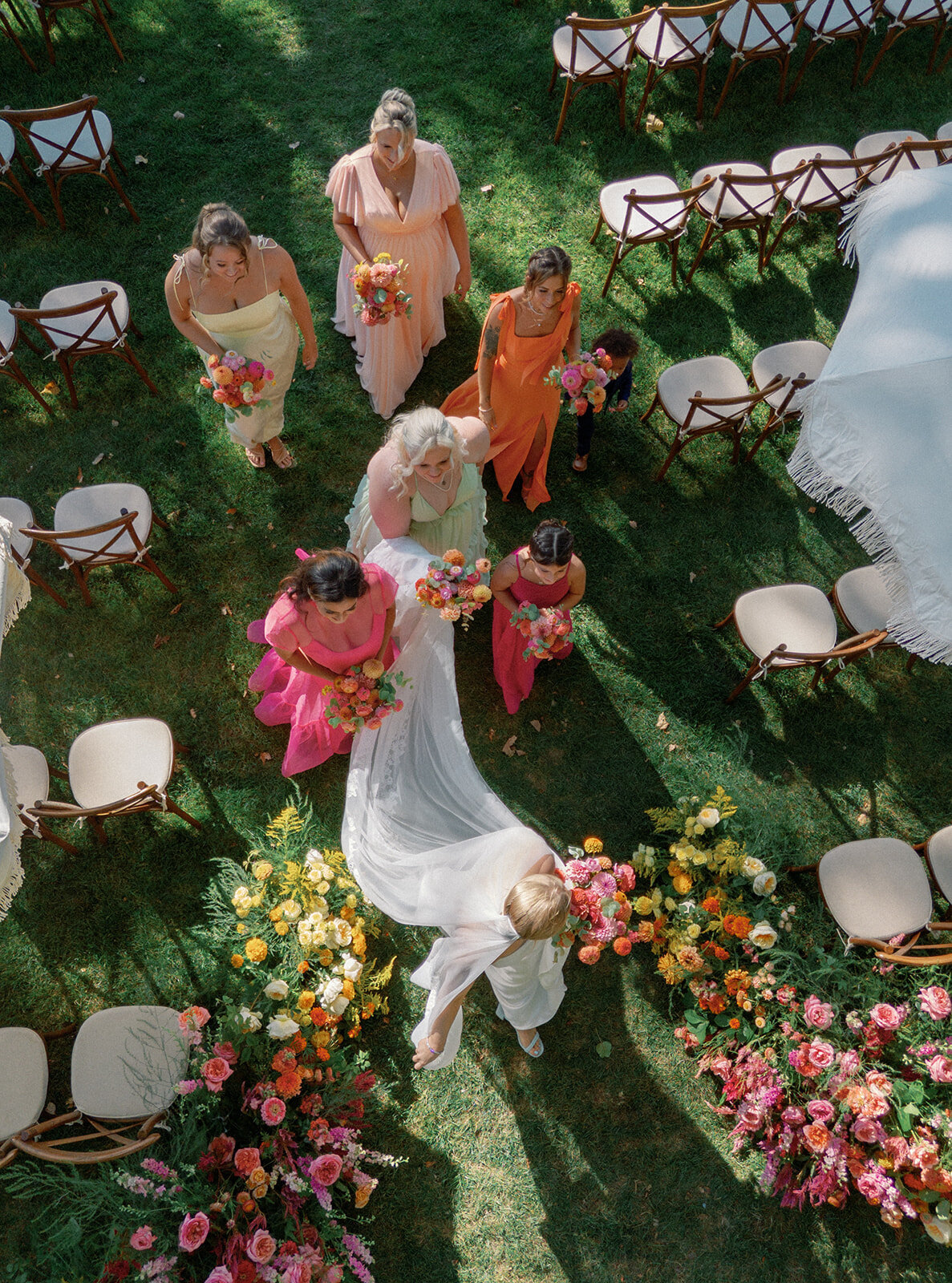Pink Orange Yellow Bridesmaids at Colorful New England Wedding - Verve Event Co. - Laura Rose Photography (2)