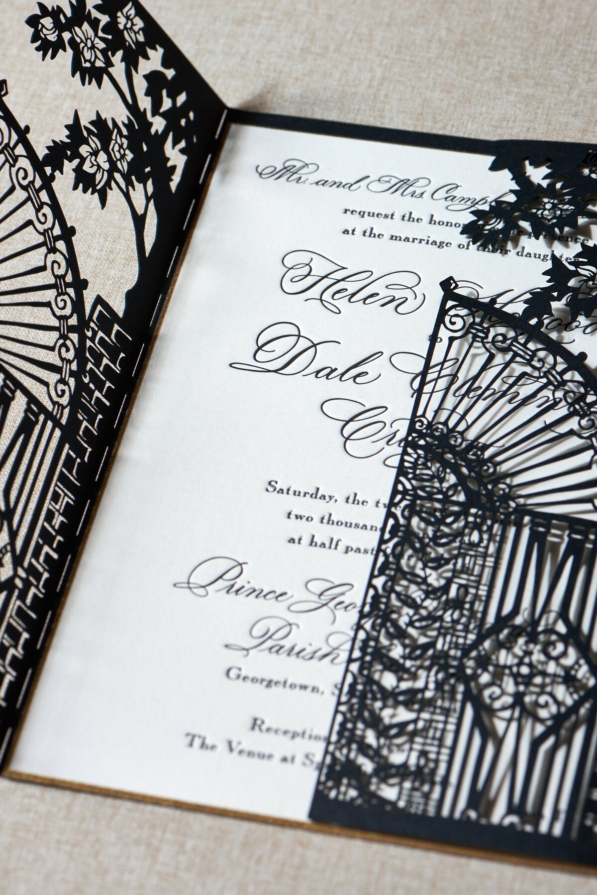 LowcountryPaperCo_Hagood&Dale_WeddingInvite_LaserCutGatefoldOpen