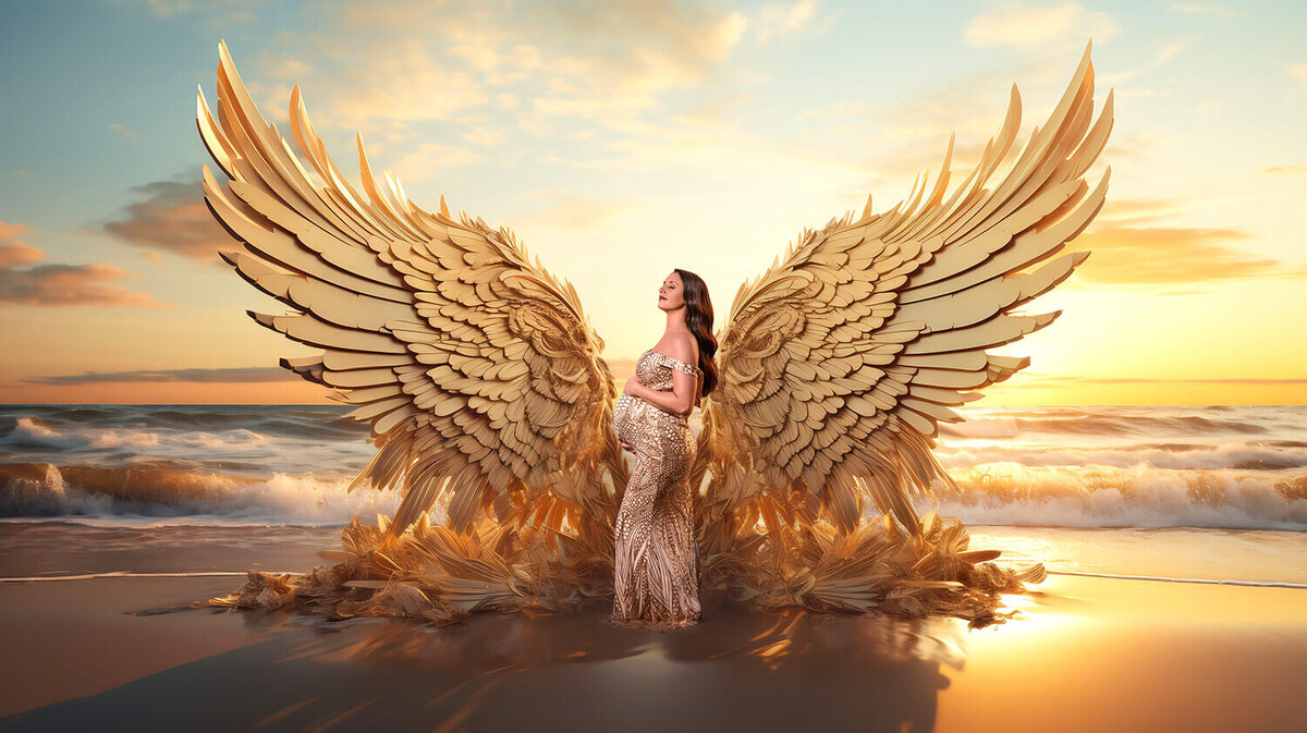 pregnant mom on beach with golden wings