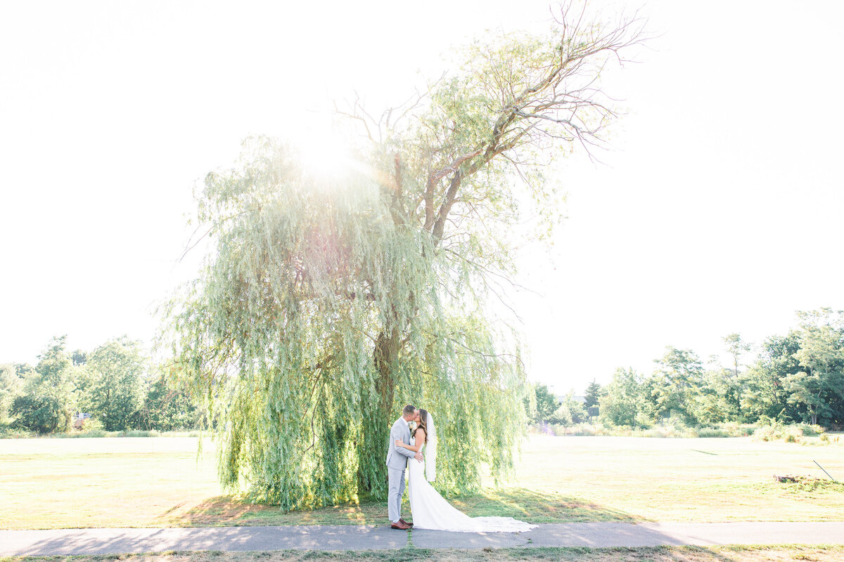 Bride and groom kissing in front of a willow tree representing the best Boston wedding photographer
