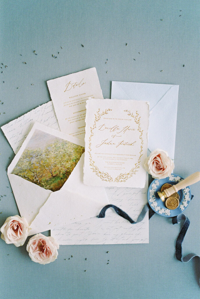 Stunning wedding invitation paper suite with blue and pink hues, captured by Jenny Jean Photography, timeless and elegant wedding photographer in Edmonton, Alberta. Featured on the Bronte Bride Vendor Guide.