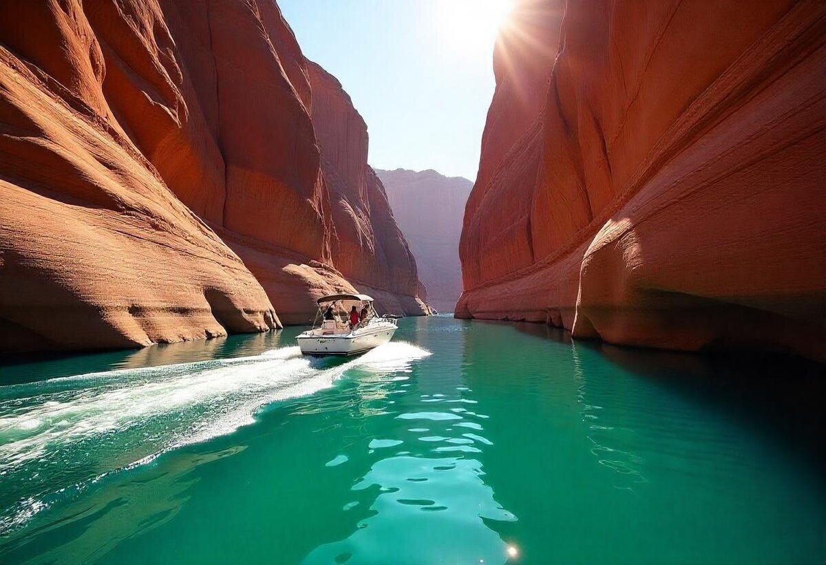 A boat cruising through a turquoise river surrounded by towering red rock canyon walls under bright sunlight, offering a luxury adventure travel experience.