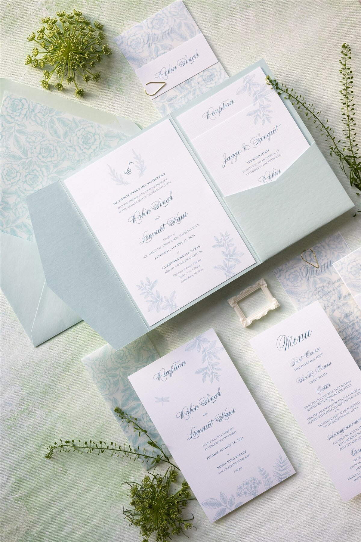 Aqua green pocket-fold Sikh wedding invitation 2