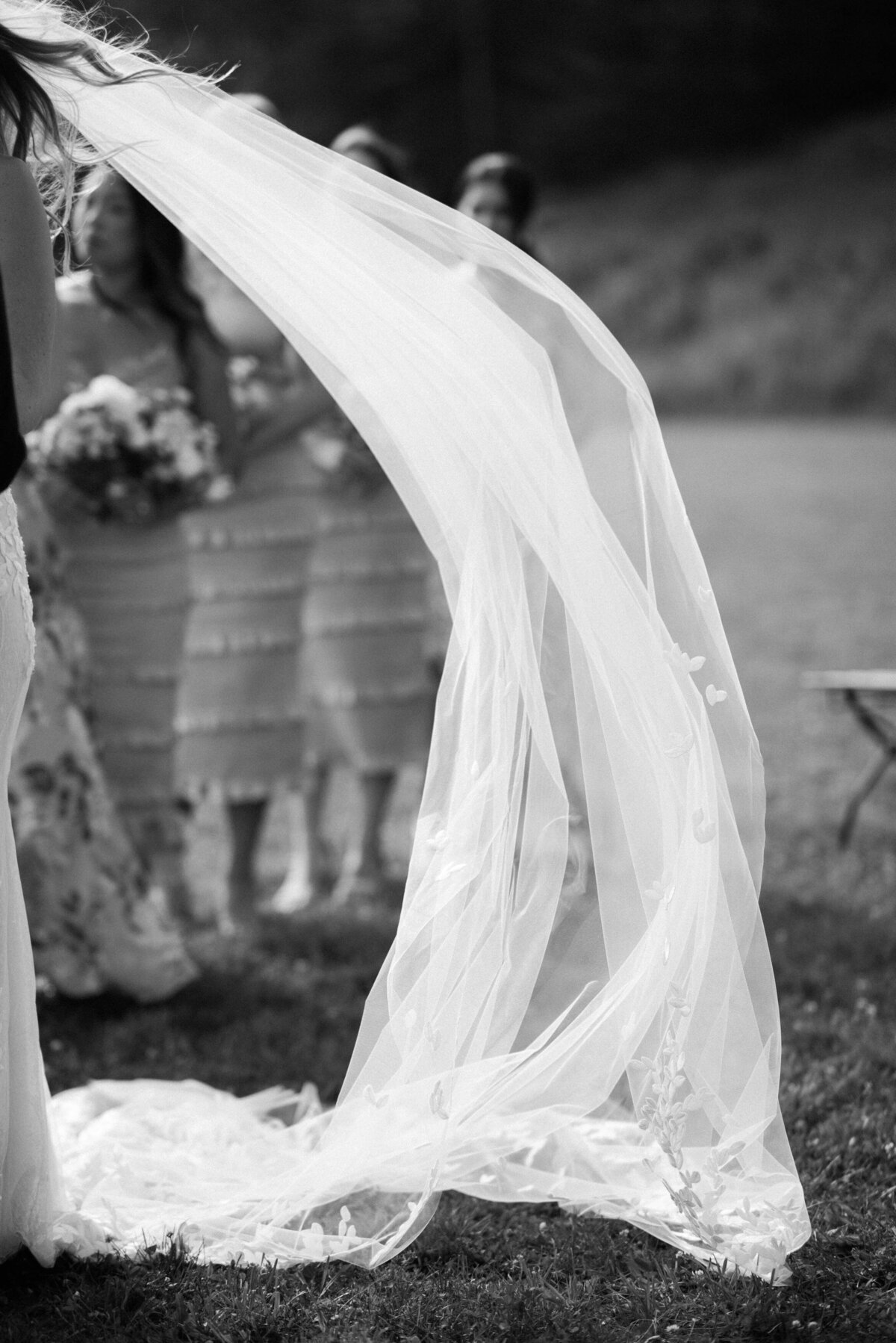 Bride's veil blows in the wind