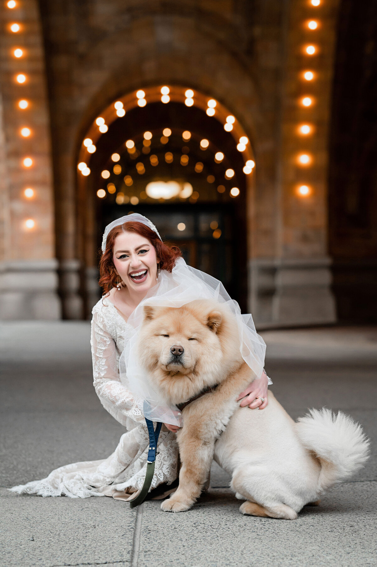 bride and her dog on her small micro wedding day
