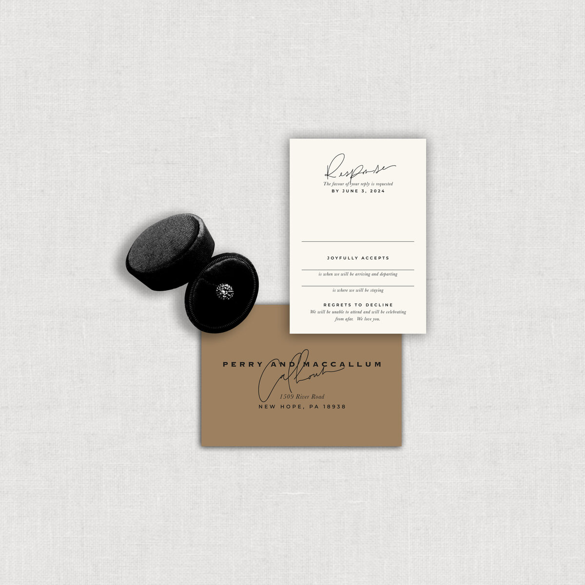 Scottish Wedding elopement rsvp calligraphy card with rsvp printed address tan envelope.