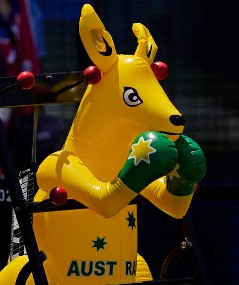 Inflatable boxing kangaroo mascot wearing green gloves with stars, representing Australia at Olympic Games