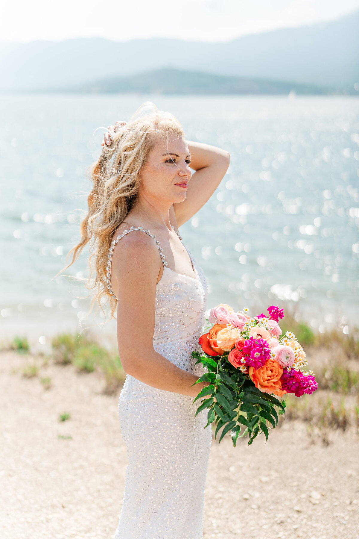Lake Dillion Reservoir Colorado Elopement Wedding Mountain View Summer Pink and Orange Florals Sparkly Dress Light and Airy Elena Spraguer Photography0135
