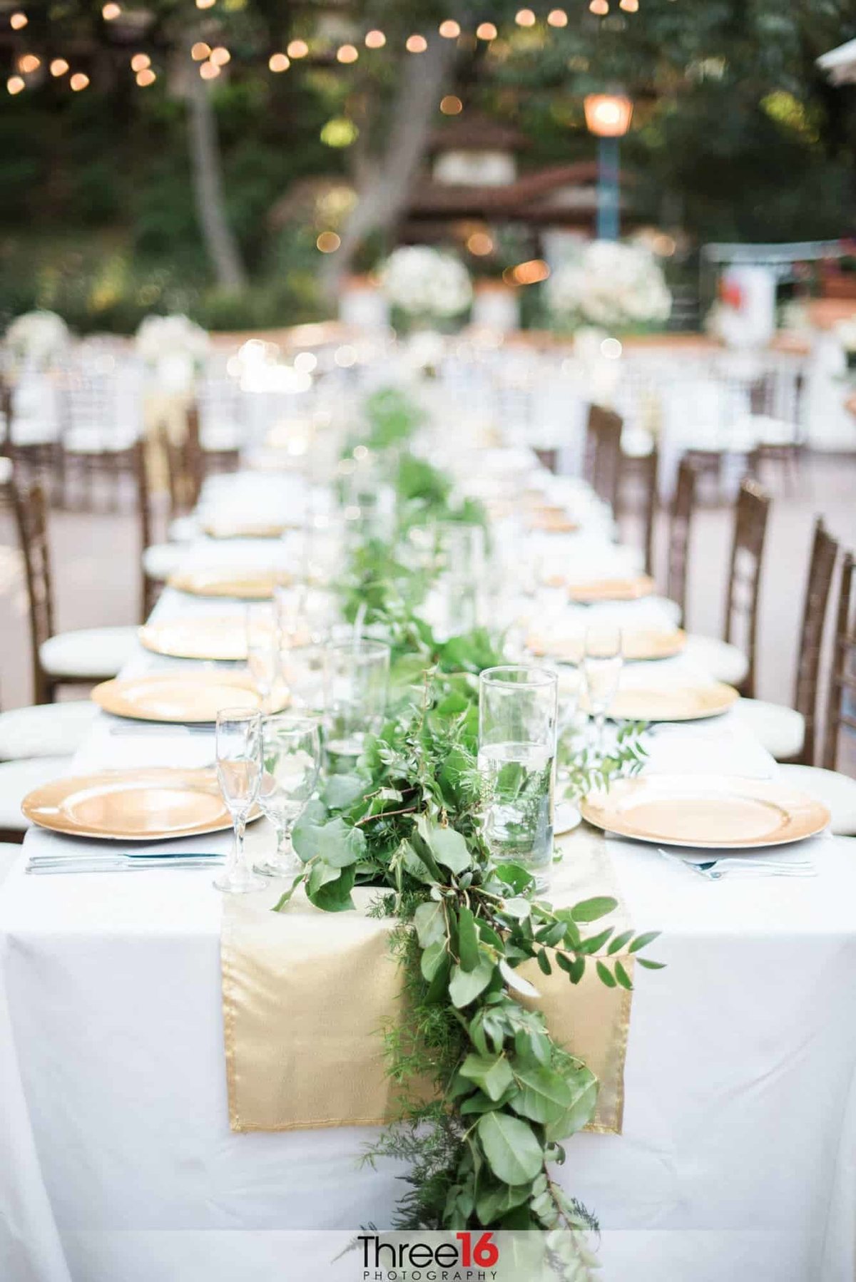 Table plated for a Rancho Las Lomas wedding reception