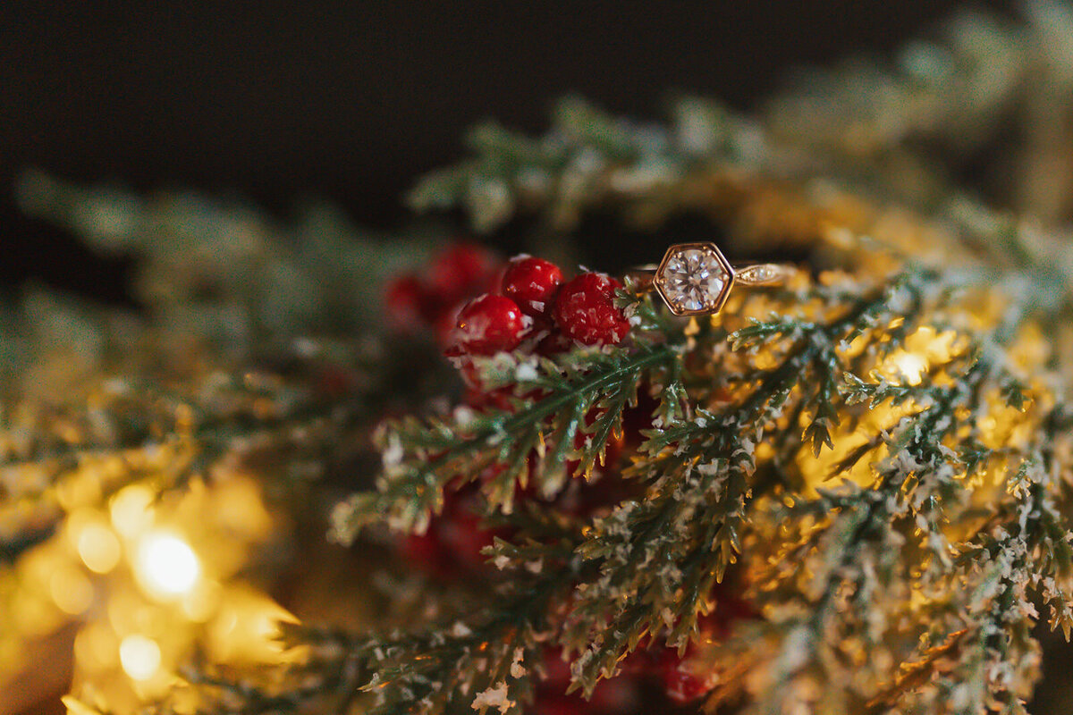 Two sparkling wedding rings sit atop 