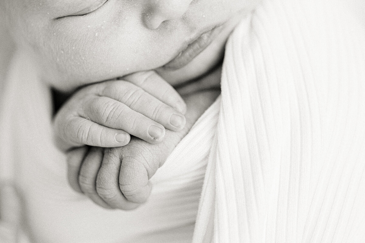 Close up black and white detail shot of a newborn baby's hands.
