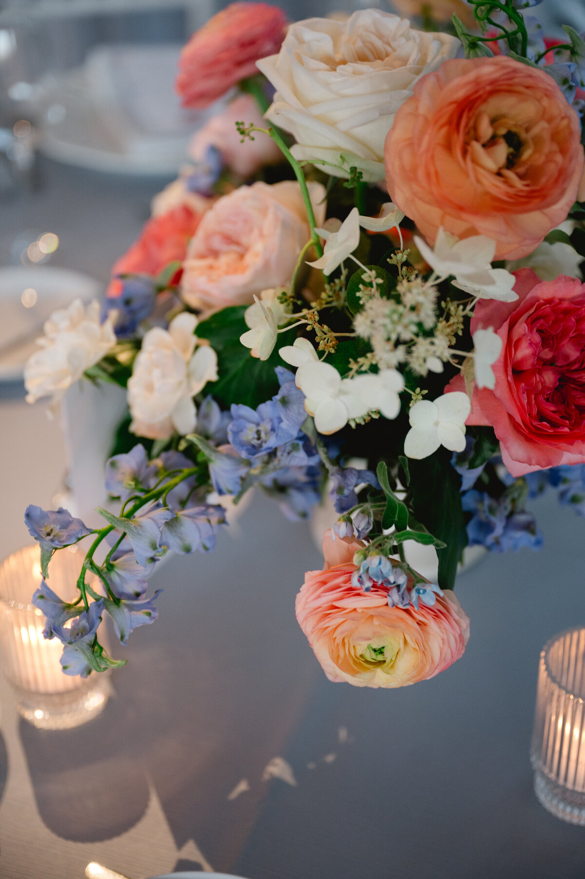 Overhead view of a floral centerpiece at a wedding reception at the Chicago Botanic Gardens