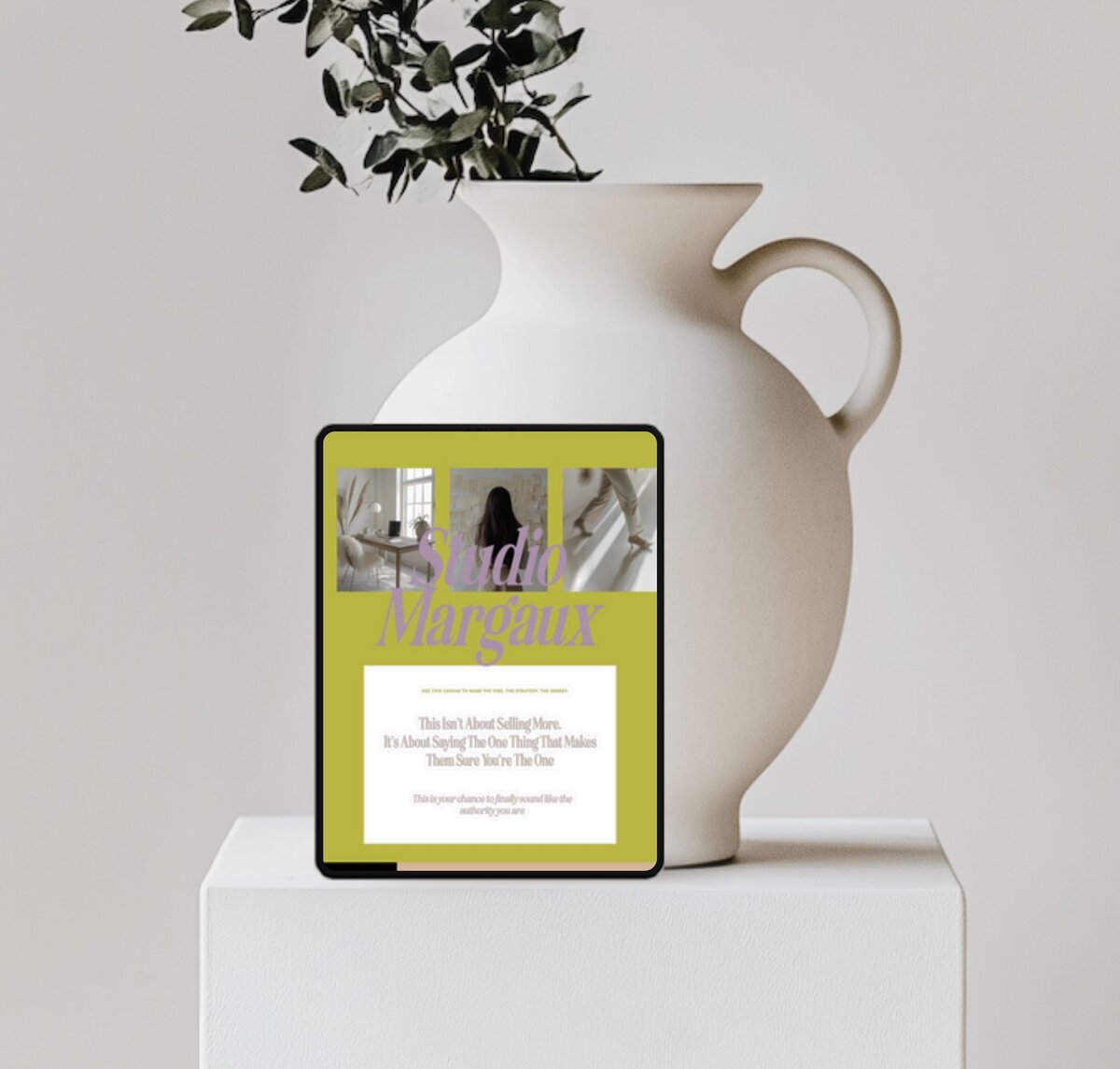 Studio Margaux premium ShowIt sales page template displayed on iPad with bright minimalist styling — elegant high‑end sales page design.