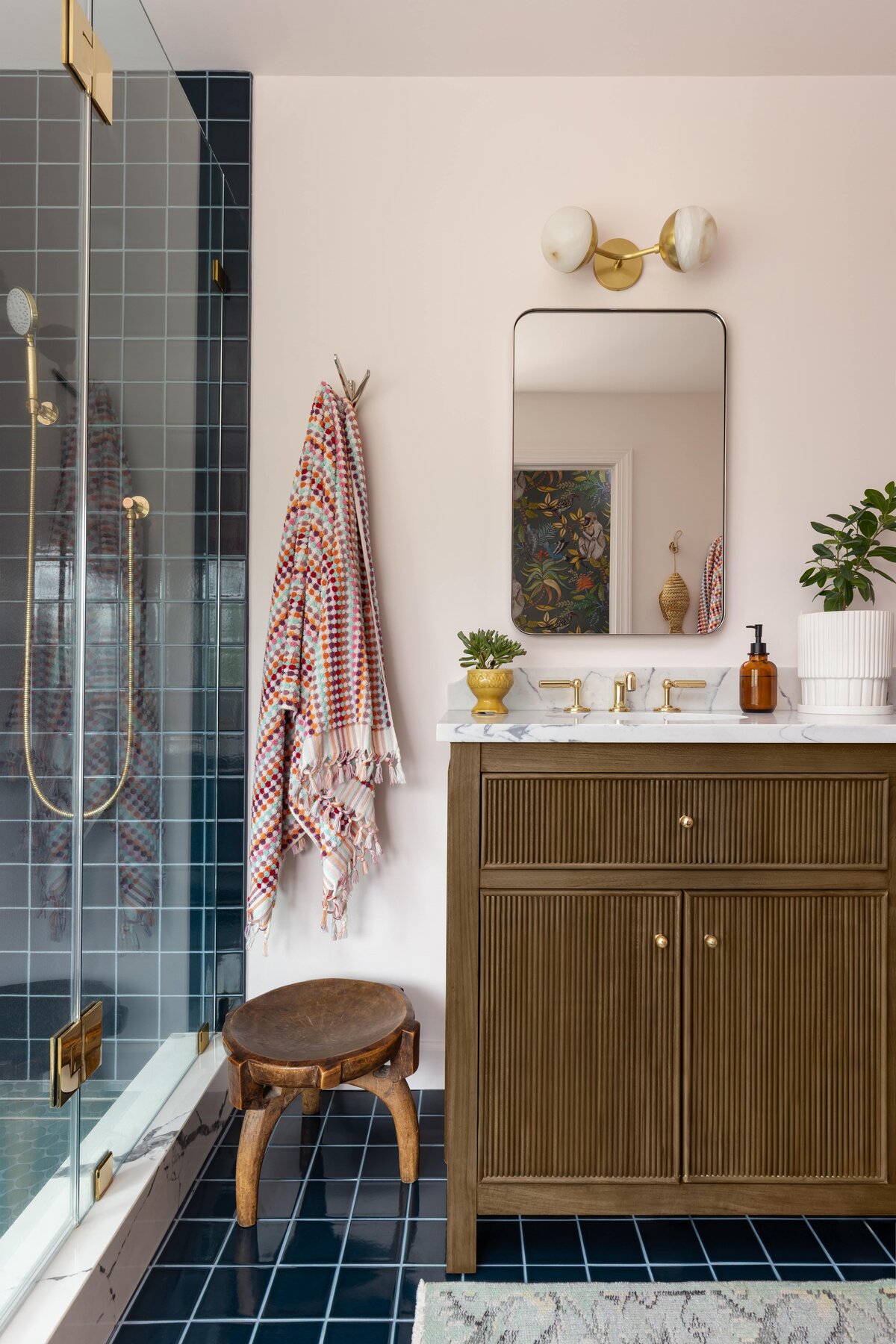 Teak wood vanity with double sinks in a Northern Virginia primary bathroom remodel