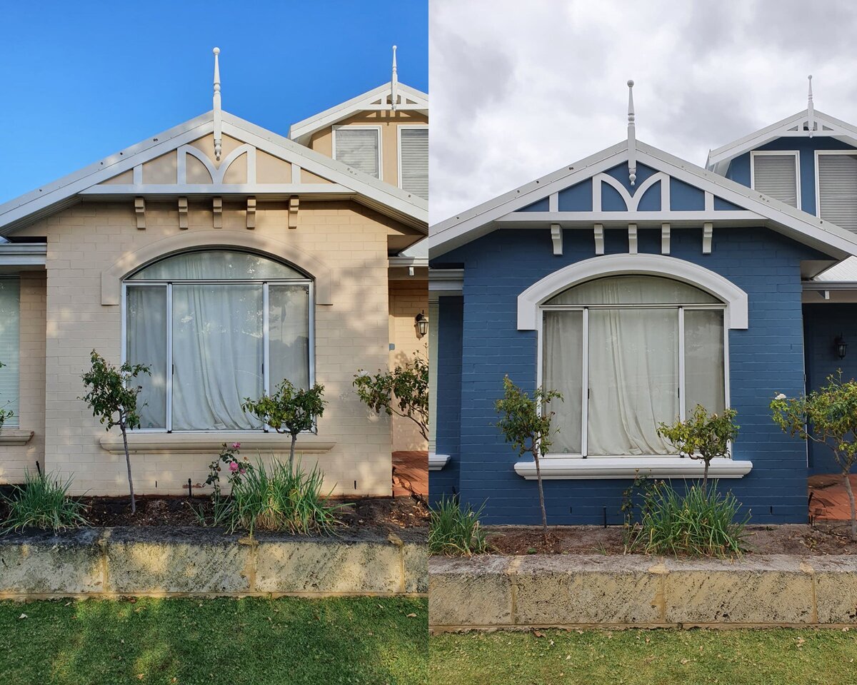 Fresh blue exterior façade repaint on a residential home, delivering a bold and modern look by New-Style Painting Service.