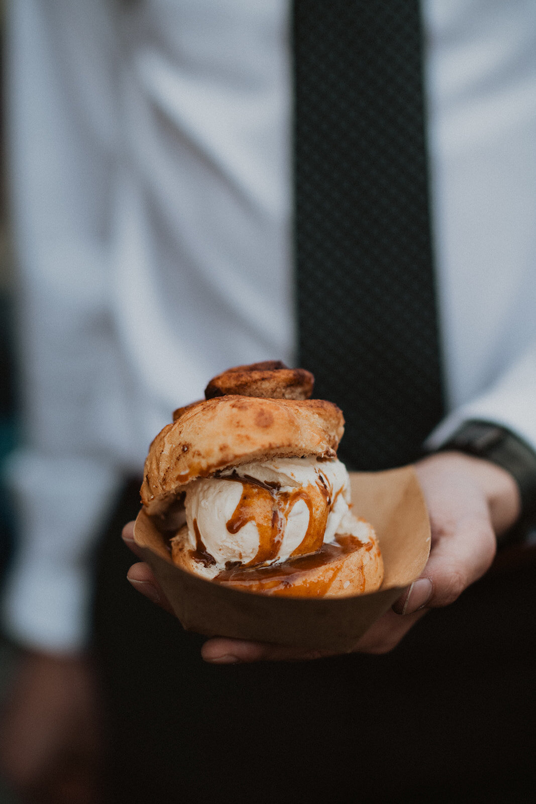 Vermont wedding dessert option with an ice cream sandwiched by puff pastry and a caramel drizzle.