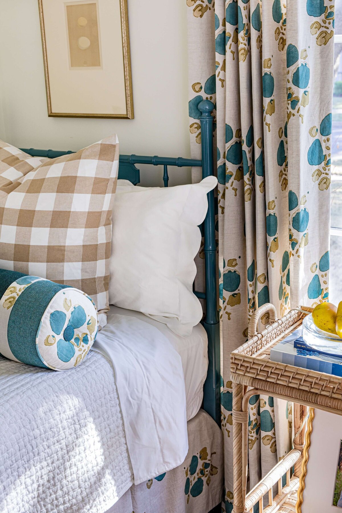 oyster creek studios highland park home twin bed with white bedding and brown plaid pillow