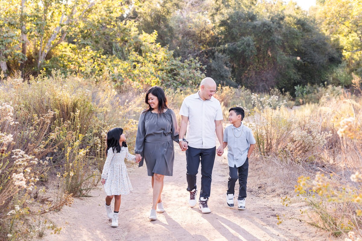 family walking on trail in grass field holding hands