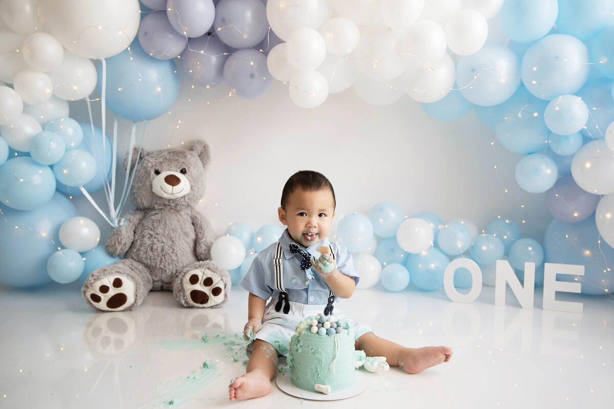 Blue and Grey Teddybear cake smash photography session