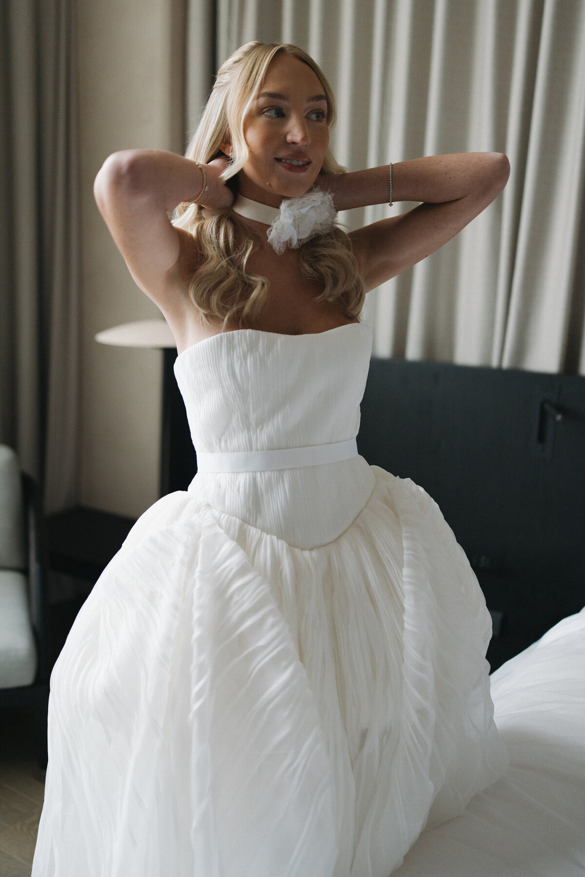 Editorial wedding photography at NOBU Hotel Chicago showcases Lauren Alatriste's sophisticated approach to luxury wedding preparation, featuring fashion forward styling with film photography creating magazine-worthy imagery.