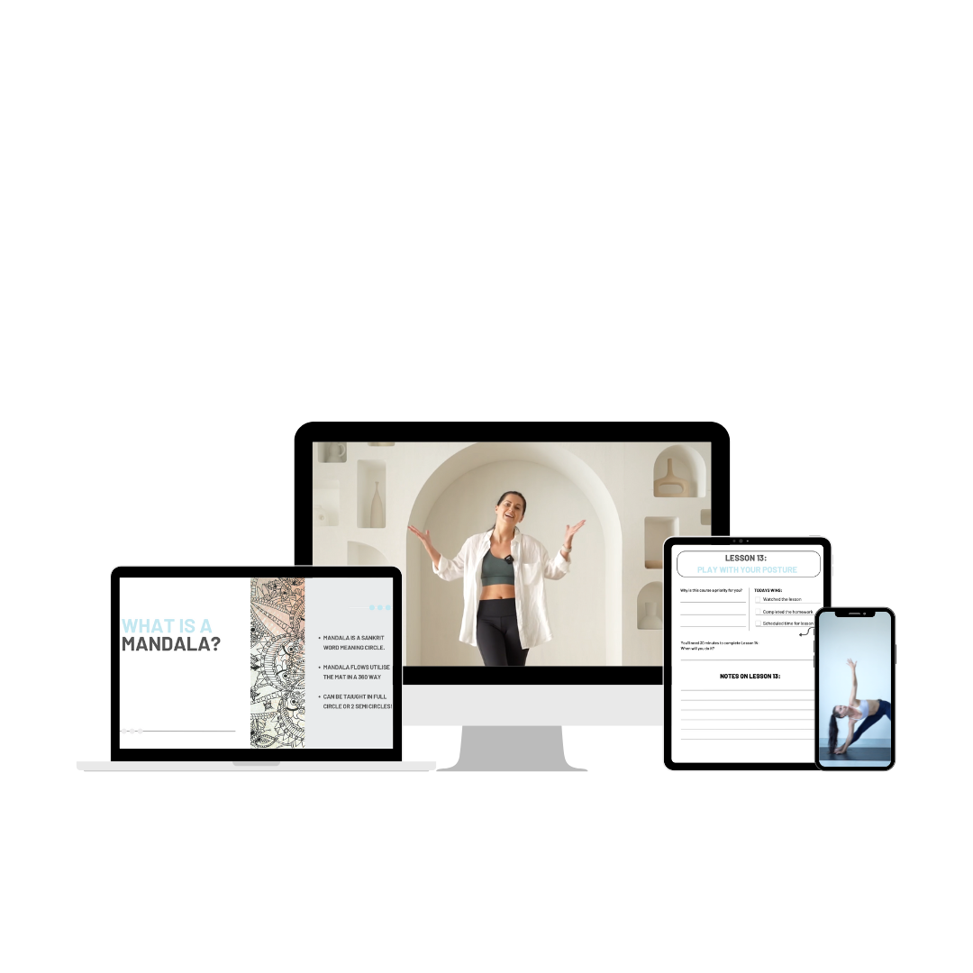 Online course interface for Sarah's Creative Sequencing in Yoga Teacher Training, displayed across multiple devices, illustrating the comprehensive digital learning experience offered.
