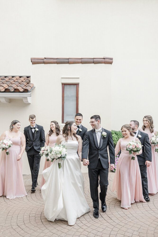 bride and groom standing with bridesmaids and groomsmen