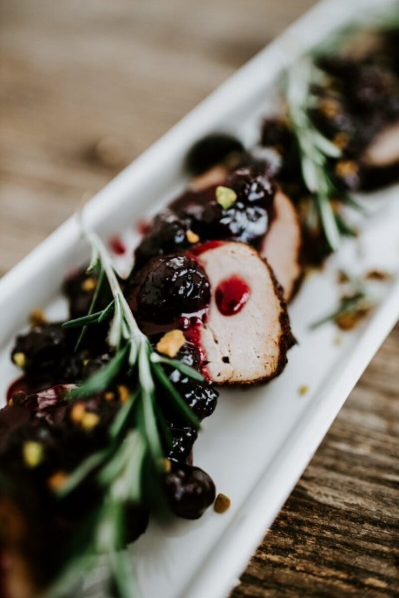 brown sugar brined pork tenderloin with blackberry chutney at Willowbrook wedding venue