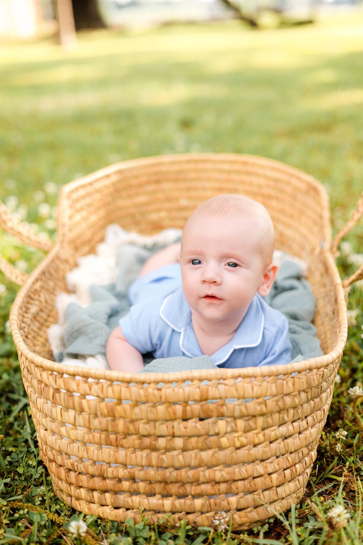 4 month old boy having tummy time in a moses basket out side on the grass in Savannah, GA