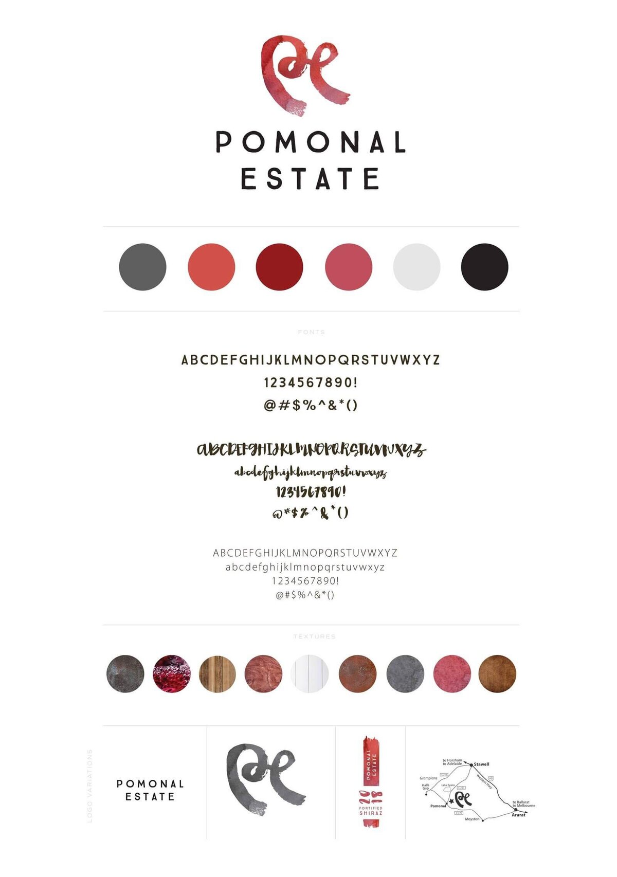Brand board Pomonal Estate word logo brigth red colour palette and creative font choices