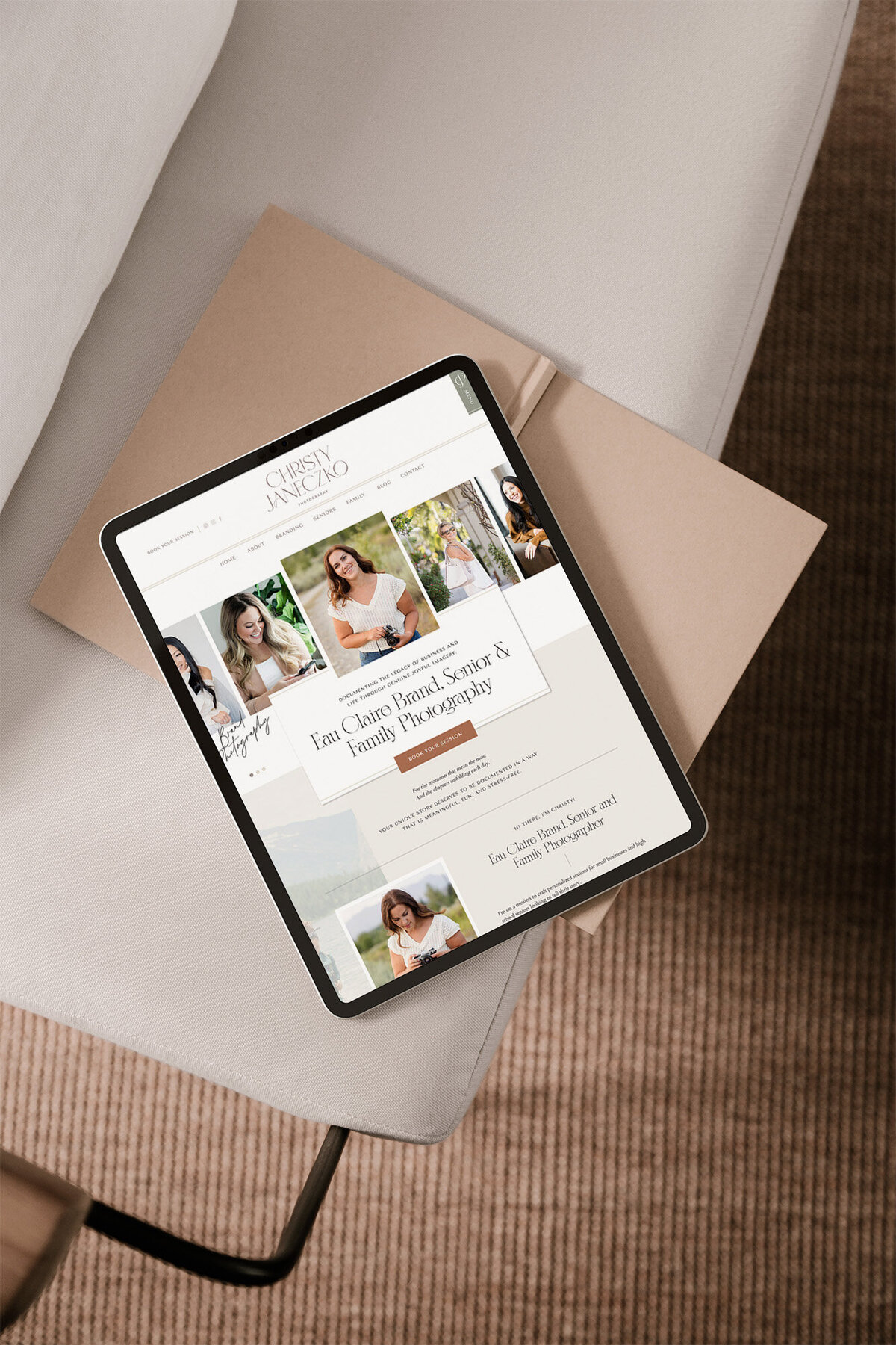 Photographer website on an Ipad sitting on a chair