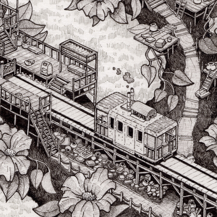 Zoomed in view of a train car approaching the hotel's treebranch. Pen and ink illustration. Whimsical.